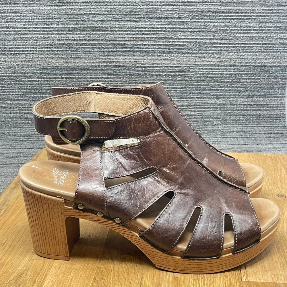 Dansko Demetra Sandals Women US 11.5 EU 42 Brown Leather Cutout Block Heel Clogs